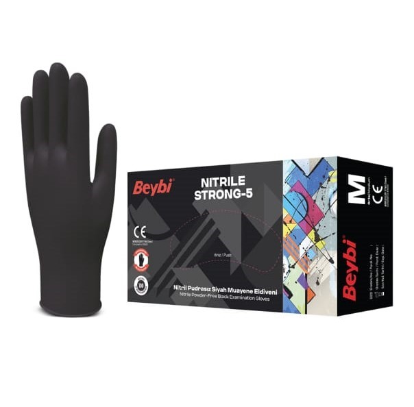 latex eldiven (2) Strong-5 Pudrasız Siyah Nitril Muayene Eldiveni - 100'lük Kutu - Görsel 1